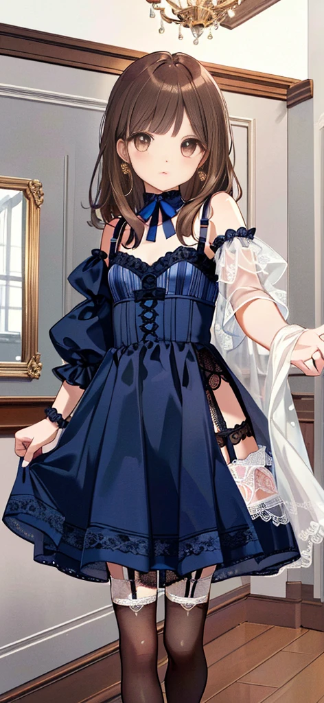 ((masterpiece)), ((best quality)), ((ultra detailed)), ((kawaii)), cute, (lovely), ((extremely detailed)), ((8K)), (beautiful), full body, luxury room, a cute girl, 1girl, solo, blue mini camisole dress,beautiful light brown hair, ((detailed beautiful brown eyes)), white-skinned, flat breast, tiny breast, garter belt,(garter stockings:1.4),pink eyeshadow