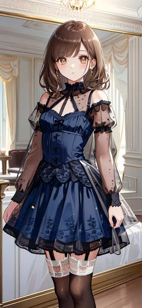 ((masterpiece)), ((best quality)), ((ultra detailed)), ((kawaii)), cute, (lovely), ((extremely detailed)), ((8K)), (beautiful), full body, luxury room, a cute girl, 1girl, solo, blue mini camisole dress,beautiful light brown hair, ((detailed beautiful brown eyes)), white-skinned, flat breast, tiny breast, garter belt,(garter stockings:1.4),pink eyeshadow