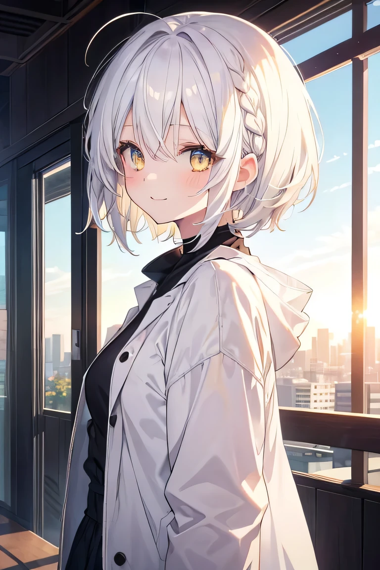 girl, cute anime girl, smiling, white hair, short hair, hair in a braid on the side, messy hair, light yellow eyes moe style anime