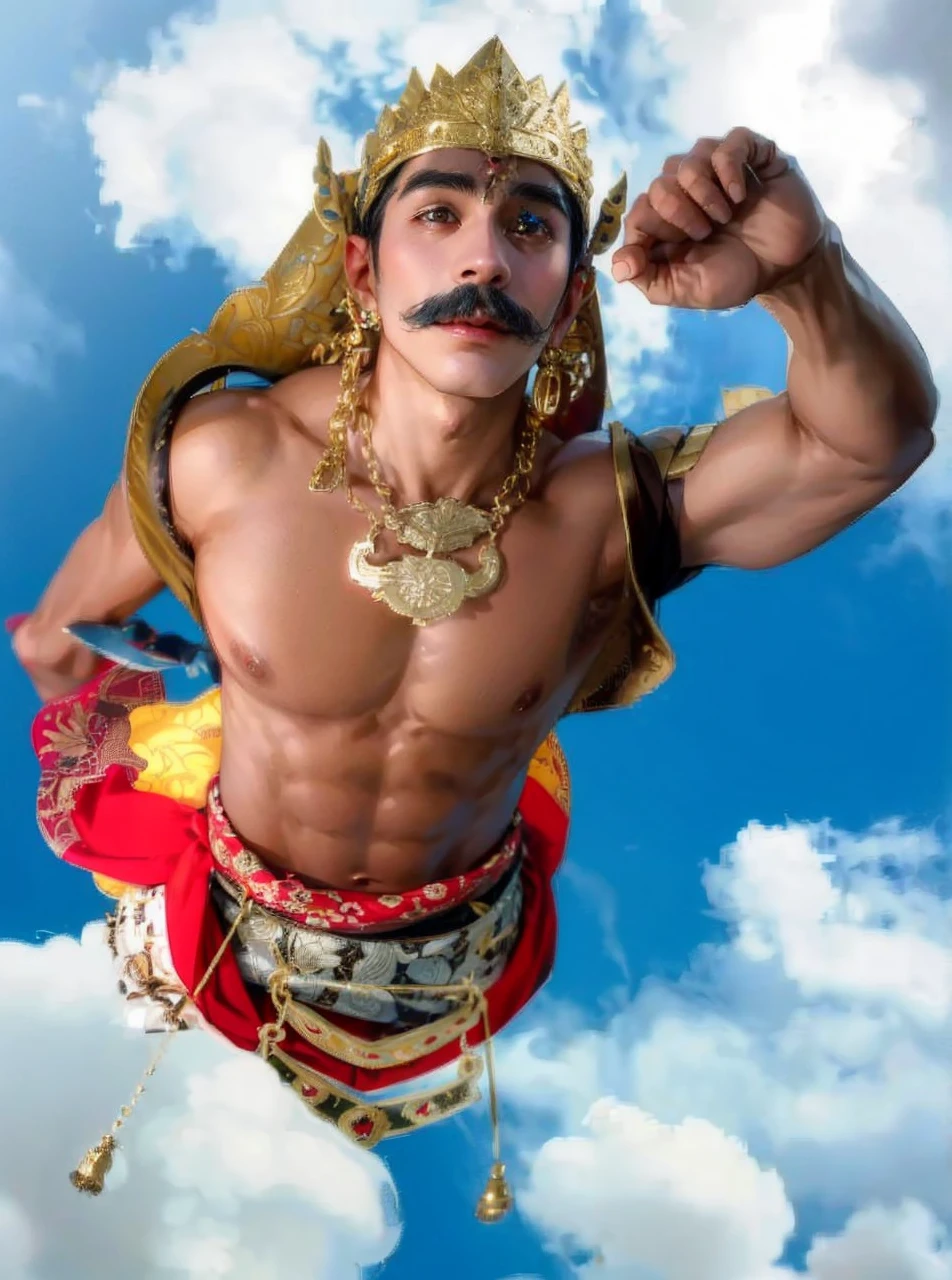 A handsome prince with a bushy mustache, big stocky body, clean skin, shirtless with unique gold decoration on the center of the chest, eight-legged star logo with luminous gold embossing, hair half-length in a bun, headband decorated with luxurious and intricate gold jewels, unique gold jewelry (at the base of the arms, wrists), and unique patterned brown batik cloth with an inlaid gold-plated leather belt Intricate Jewelry, Black Trousers with Unique Gold Embroidered Javanese Motifs, Black Mountain Sandals, Flying Above the Clouds Across the Palace decorated with intricate carvings, signifies grandmother's strength and legacy his ancestors. Very realistic.