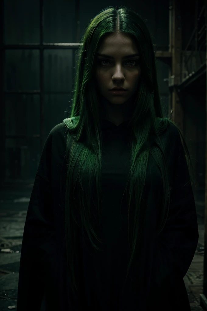 a beautiful young girl with long green hair, striking green eyes, and an enigmatic expression, wearing an oversized black hoodie, standing in a moody, atmospheric setting with dramatic lighting, surreal digital art, photorealistic, 8k, highly detailed, vivid colors, cinematic lighting, dramatic composition, melancholy mood, introspective