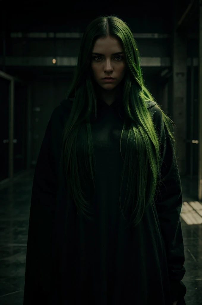 a beautiful young girl with long green hair, striking green eyes, and an enigmatic expression, wearing an oversized black hoodie, standing in a moody, atmospheric setting with dramatic lighting, surreal digital art, photorealistic, 8k, highly detailed, vivid colors, cinematic lighting, dramatic composition, melancholy mood, introspective