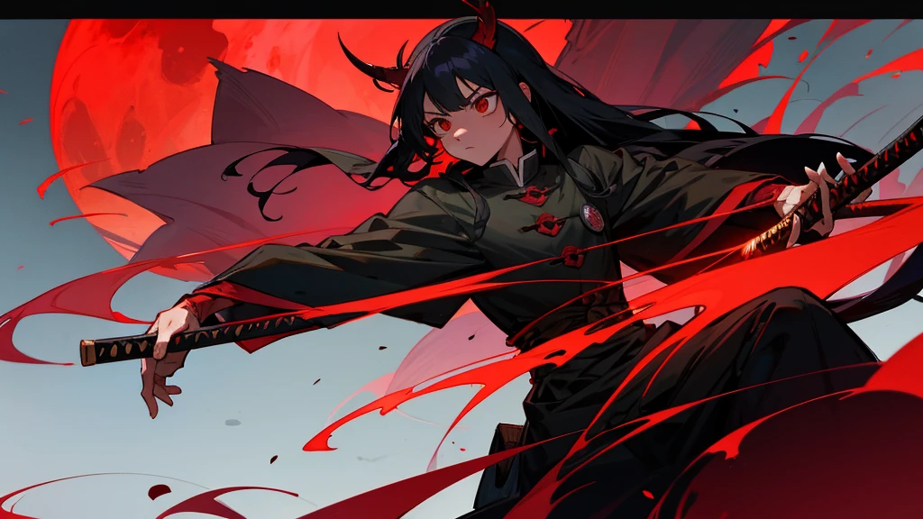 Demon slayer, long hair, samuraj, tree,red moon, katana