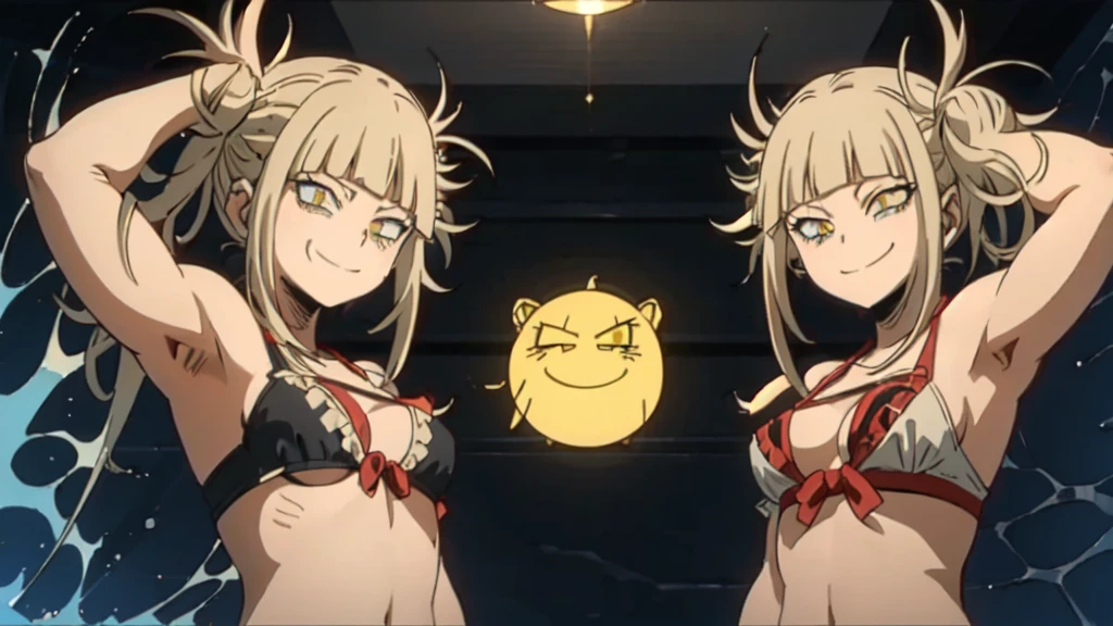 Himikotoganova, (One girl, alone), Blonde, Double Bang, Messy Hair, bangs, (Perfect Eyes, Yellow Eyes), Seraphim, Sagging under the eyes, (smile),Swimwear, chest, Put your arms behind your head, View your viewers,