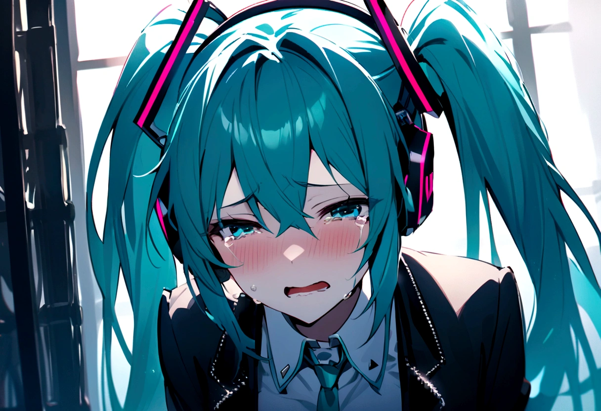(((masterpiece, hatsune miku, vocaloid, Super detailed、Digital Cage、Sad face、tears、