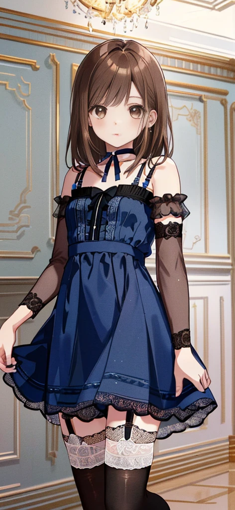 ((masterpiece)), ((best quality)), ((ultra detailed)), ((kawaii)), cute, (lovely), ((extremely detailed)), ((8K)), (beautiful), full body, luxury room, a cute girl, 1girl, solo, blue mini camisole dress,beautiful light brown hair, ((detailed beautiful brown eyes)), white-skinned, flat breast, tiny breast, garter belt,(garter stockings:1.4),pink eyeshadow
