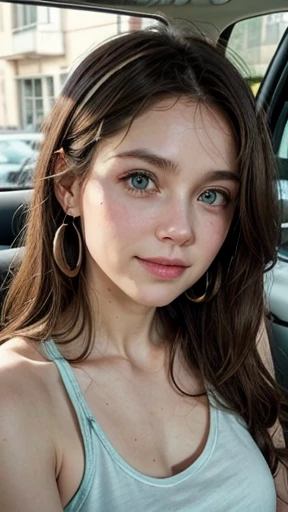 White woman, 35 years old, Brown hair, long hair, messy hair, Nice face, simetric face, Green eyes, Nice body, cute, shy, green tank top, smile, earrings, driving
