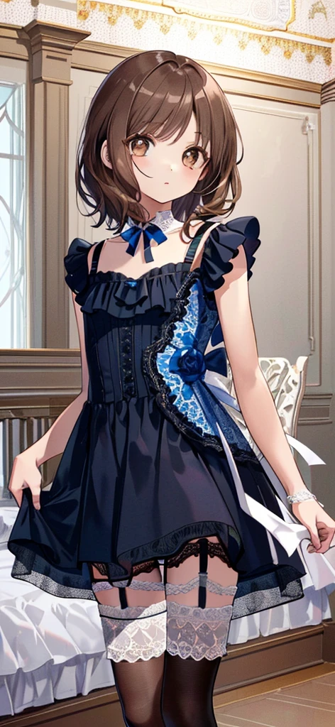 ((masterpiece)), ((best quality)), ((ultra detailed)), ((kawaii)), cute, (lovely), ((extremely detailed)), ((8K)), (beautiful), full body, luxury room, a cute girl, 1girl, solo, blue mini camisole dress,beautiful light brown hair, ((detailed beautiful brown eyes)), white-skinned, flat breast, tiny breast, garter belt,(garter stockings:1.4),pink eyeshadow