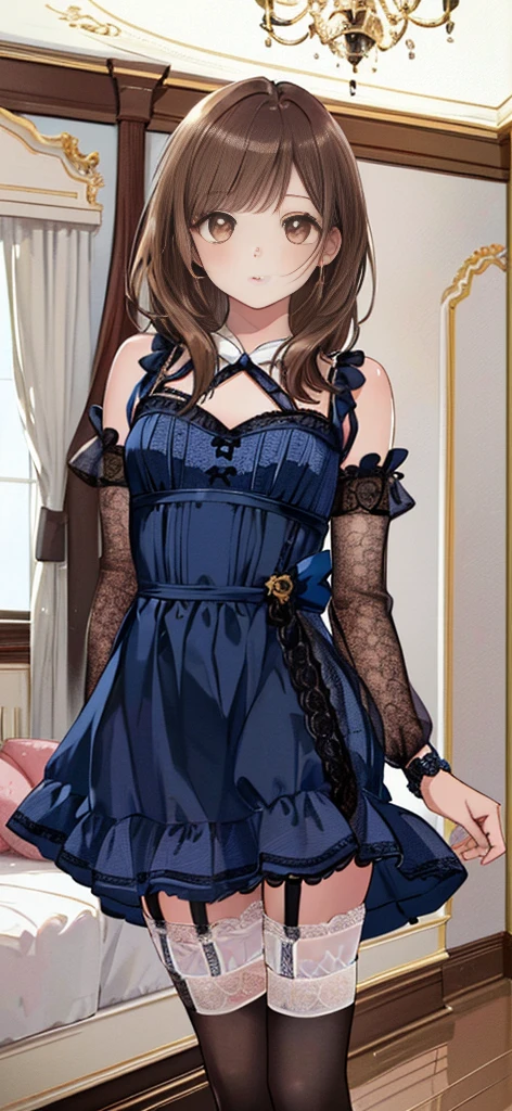 ((masterpiece)), ((best quality)), ((ultra detailed)), ((kawaii)), cute, (lovely), ((extremely detailed)), ((8K)), (beautiful), full body, luxury room, a cute girl, 1girl, solo, blue mini camisole dress,beautiful light brown hair, ((detailed beautiful brown eyes)), white-skinned, flat breast, tiny breast, garter belt,(garter stockings:1.4),pink eyeshadow