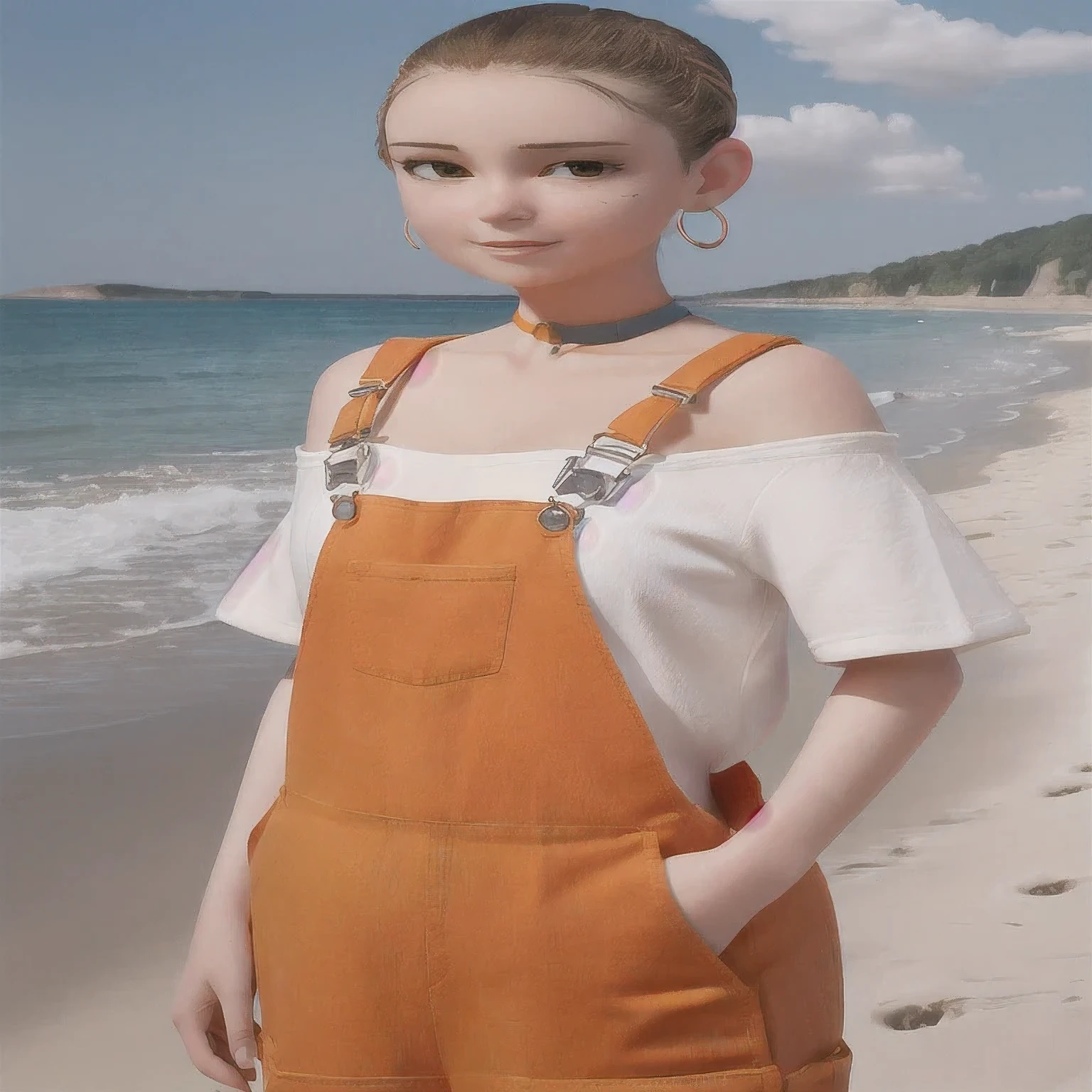 arafed woman standing on a beach with an orange overall, orange jumpsuit, overalls, wearing an orange jumpsuit, official product image, wearing overalls, orange halter top, artist wearing overalls, wearing an orange t-shirt, wearing orange sundress, wearing orange prison jumpsuit, neck zoomed in, wearing an orange t shirt, cute girl wearing tank suit