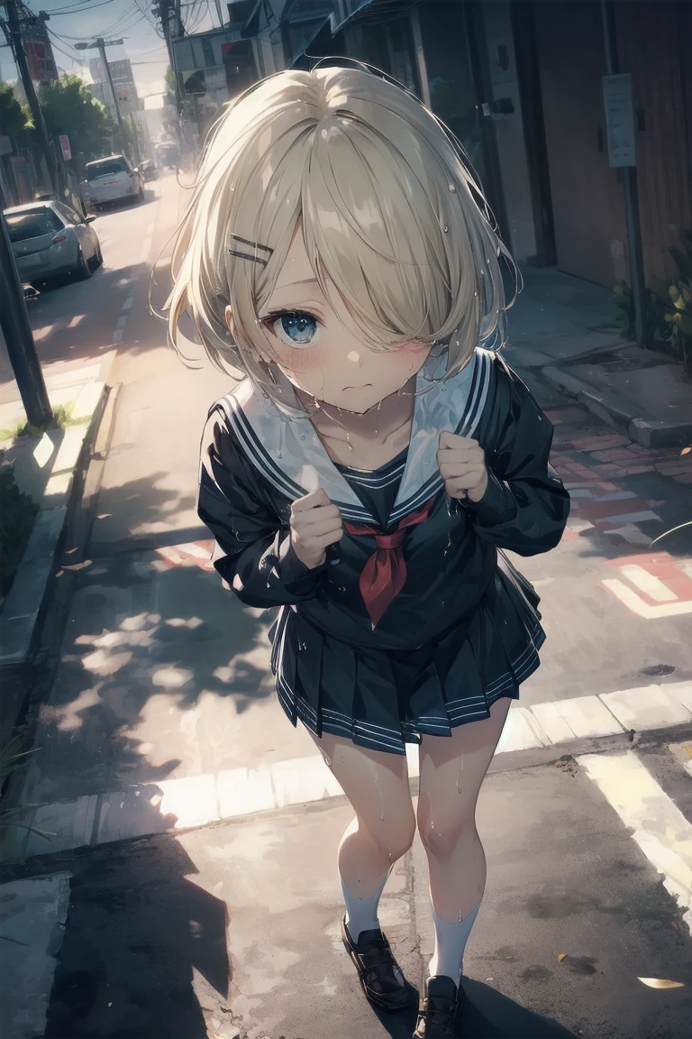 Heavy rain,stormy atmosphere,outdoors,highest quality, anime moe art style,Best Anime 8K Kona-chan Wallpaper,Pixiv contest winners,perfect ???????, (Please draw a girl walking sleepily to school),break, 1 girl, (13 years old:1.4),high school student, (short hair), amount, (hair above one eye:1.9),All limbs, full finger,medium breasts, between legs, small eyes,Precise blue eyes,hair clip, (sailor suit:1.5),(school uniform:1.5) ,(wet clothes),skirt,On the way to school,break,Super detailed,High resolution,super dense skin,professional lighting,8K eye details,(cute illustration:1.2),blonde hair,(wet hair:1.4),(bra visible through clothes),No expression,(hair above one eye:1.2),(Bawl),(Embarrassed),(steepled fingers)