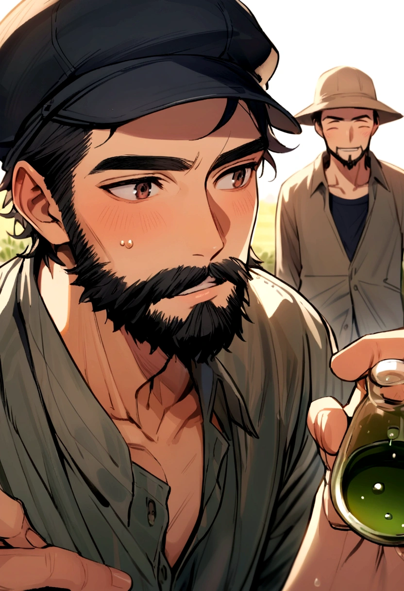 FARMER, short black hair, TAKING OIL DROPS, YOUNG MAN WITH BLACK BEARD AND CAP.