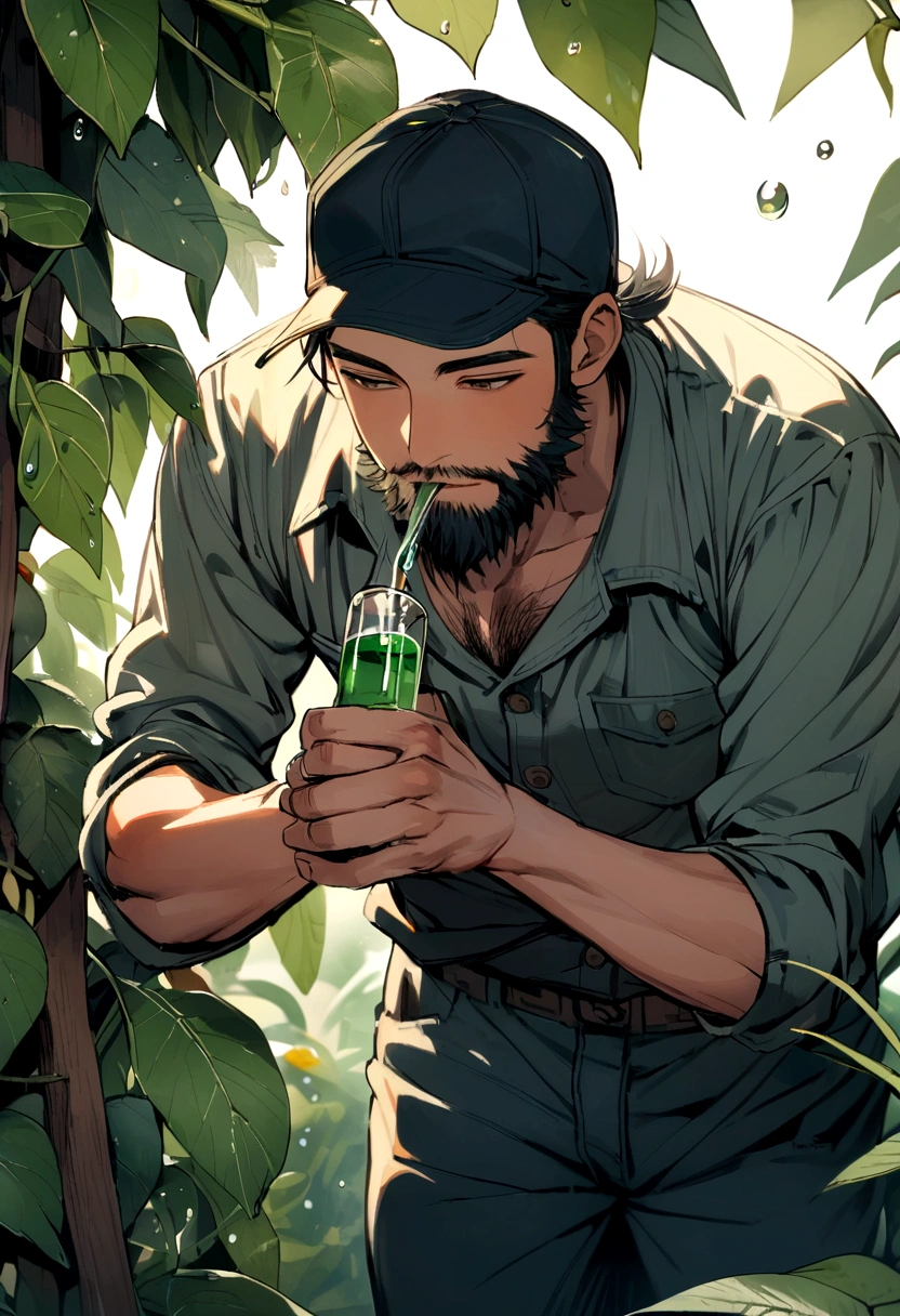 FARMER, short black hair, TAKING OIL DROPS, YOUNG MAN WITH BLACK BEARD AND CAP.