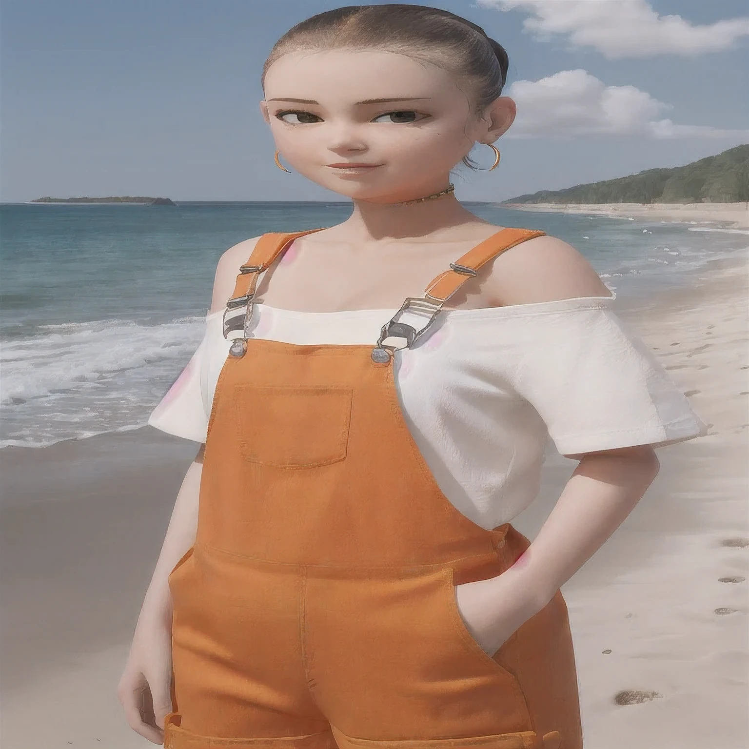 arafed woman standing on a beach with an orange overall, orange jumpsuit, overalls, wearing an orange jumpsuit, official product image, wearing overalls, orange halter top, artist wearing overalls, wearing an orange t-shirt, wearing orange sundress, wearing orange prison jumpsuit, neck zoomed in, wearing an orange t shirt, cute girl wearing tank suit