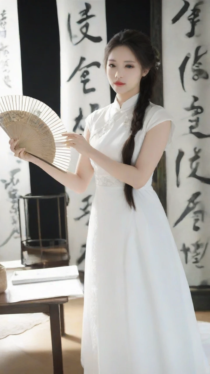 araffe woman in a white dress holding a fan in her hand, white hanfu, with acient chinese clothes, cheongsam, chinese style, traditional chinese, traditional chinese clothing, chinese girl, chinese dress, gorgeous chinese model, wearing ancient chinese clothes, inspired by Du Qiong, chinese costume, white hime cut hairstyle, style of guo hua