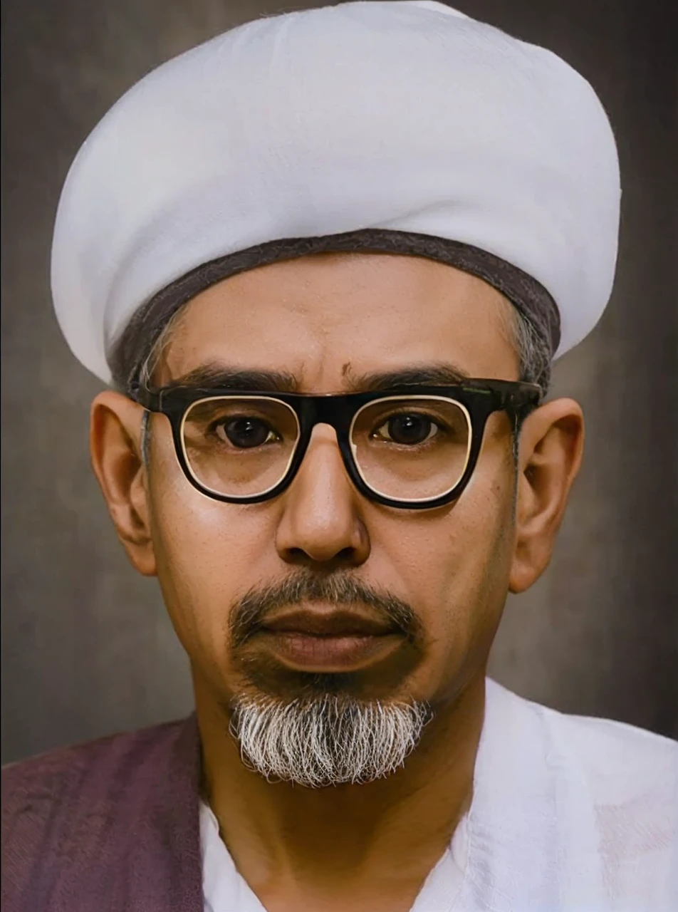 Indonesian man, aged 45 years or over, wearing a white turban, thick transparent glasses, robe and a piece of cloth on his right shoulder. Brown skin HD realistic images