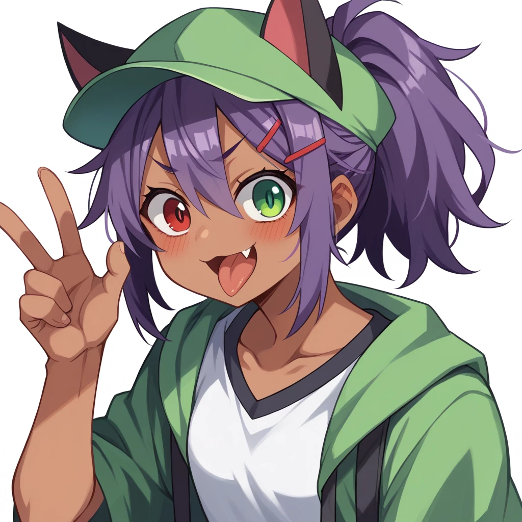 highres,1girl,animal ears,KEMOMIMI,KEMOMIMI hidden by an orange Flat cap,bangs,blush,heterochromia,red eye,green eye,red and green odd eyes,open mouth,fang,dark-skinned female,hair between eyes,hair ornament,hairclip,looking at viewer,smile,solo,v-shaped eyebrows,ponytail,Short messy hair,purple hair,two or more colors,white background,simple background,,taut clothing,Tongue out,frontview,harada takehito