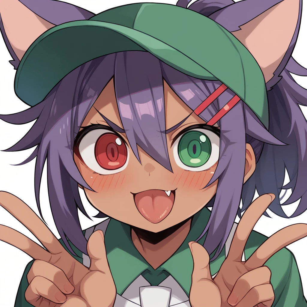 highres,1girl,animal ears,KEMOMIMI,KEMOMIMI hidden by an orange Flat cap,bangs,blush,heterochromia,red eye,green eye,red and green odd eyes,open mouth,fang,dark-skinned female,hair between eyes,hair ornament,hairclip,looking at viewer,smile,solo,v-shaped eyebrows,ponytail,Short messy hair,purple hair,two or more colors,white background,simple background,,taut clothing,Tongue out,frontview,harada takehito