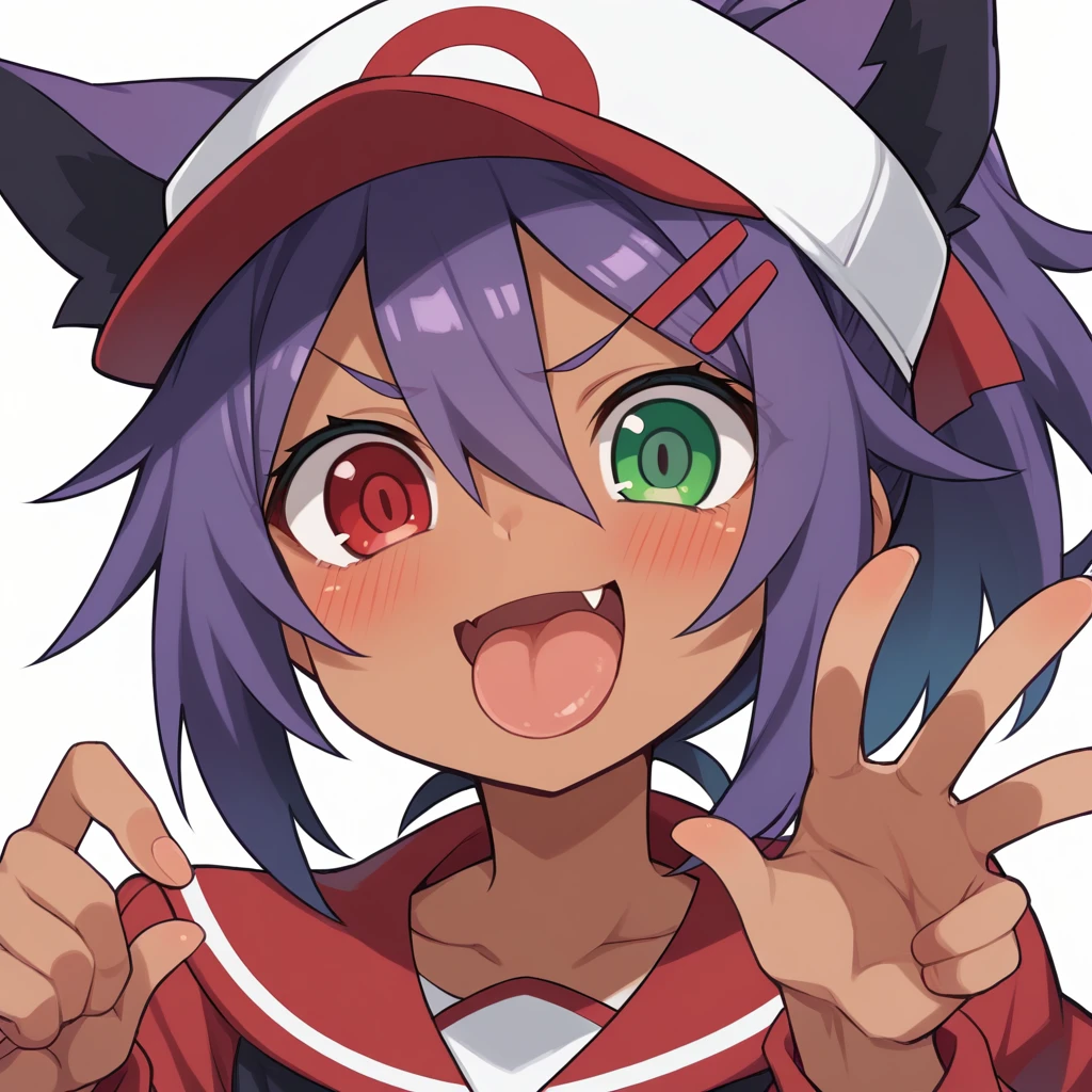 highres,1girl,animal ears,KEMOMIMI,KEMOMIMI hidden by an orange Flat cap,bangs,blush,heterochromia,red eye,green eye,red and green odd eyes,open mouth,fang,dark-skinned female,hair between eyes,hair ornament,hairclip,looking at viewer,smile,solo,v-shaped eyebrows,ponytail,Short messy hair,purple hair,two or more colors,white background,simple background,,taut clothing,Tongue out,frontview,harada takehito