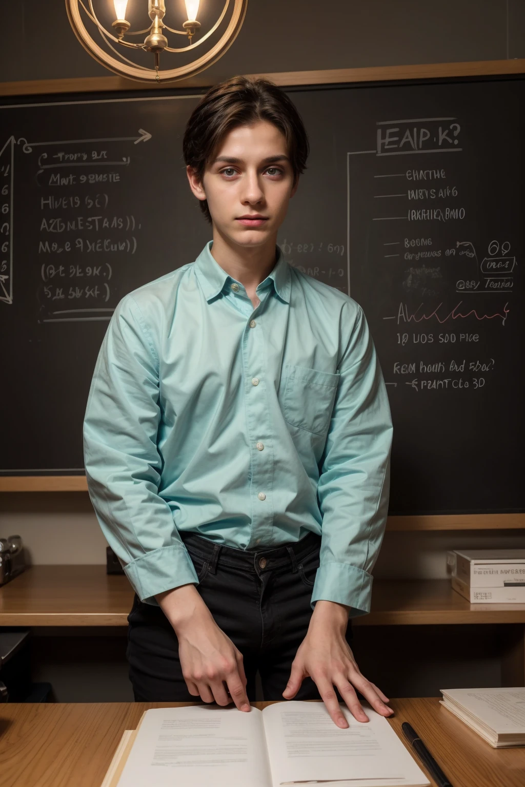 A young beautiful doctor, a twink, a cute male, with a face with make-up on, and he is wearing a long-sleeved aquamarine shirt and black jeans. He is in his luxurious scientific office, and behind him is a blackboard on which neurons and calculus are written, and he looks in amazement and shock, and his eyes have dark circles underneath them, and he is there. Black hair