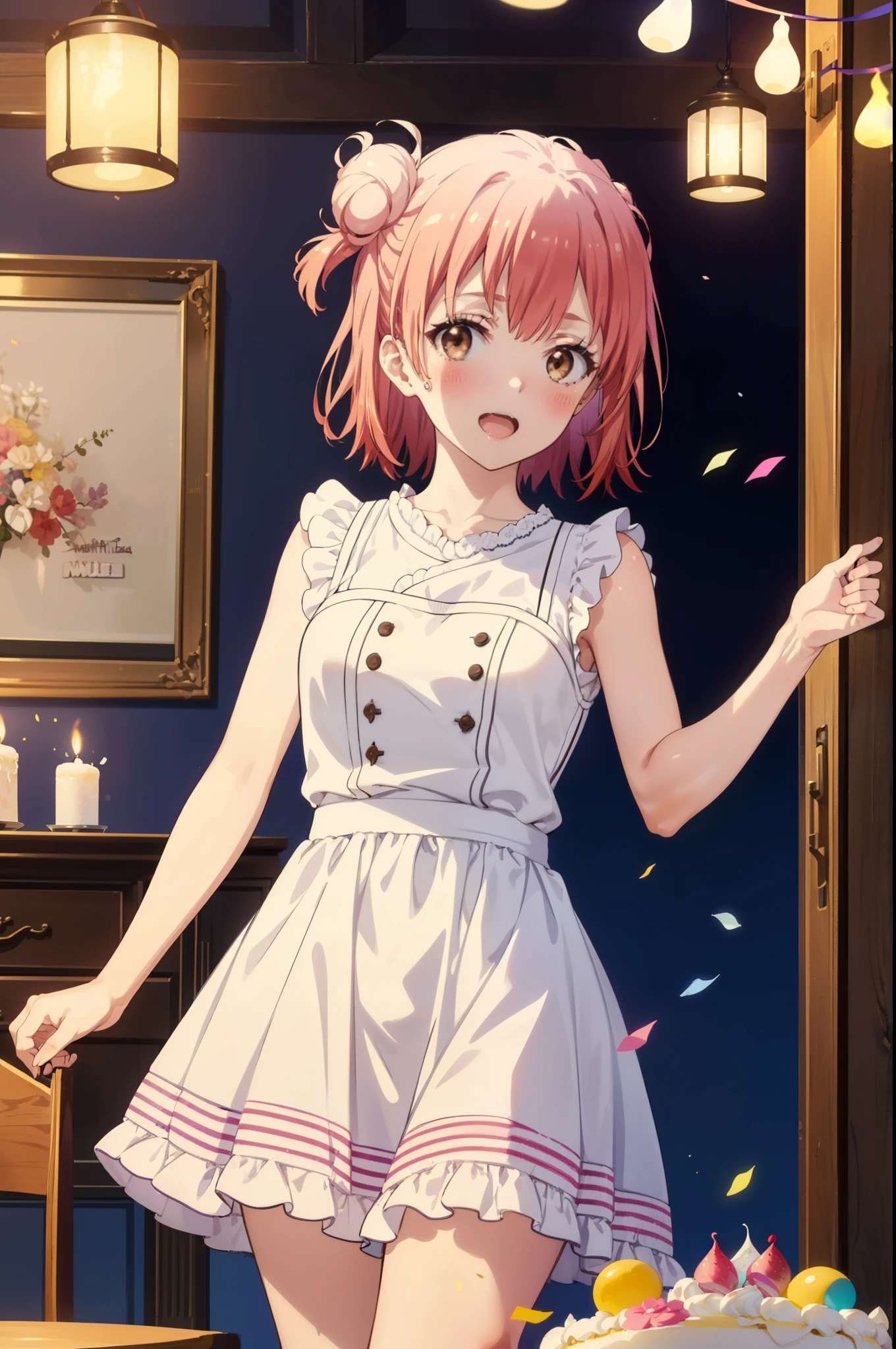 yuiyuigahama, yui yuigahama, short hair, (Brown eyes:1.5), (Pink Hair:1.2), Hair Bun, single Hair Bun, smile,blush,Open your mouth wide,Pink sleeveless dress,Long skirt,Stiletto heels,A birthday cake with lit candles,
,There is a round birthday cake on the desk.,Confetti,cracker,whole bodyがイラストに入るように,
break indoors, Party Venue,
break looking at viewer, whole body,(Cowboy Shot:1.5),
break (masterpiece:1.2), Highest quality, High resolution, unity 8k wallpaper, (figure:0.8), (Beautiful attention to detail:1.6), Highly detailed face, Perfect lighting, Highly detailed CG, (Perfect hands, Perfect Anatomy),