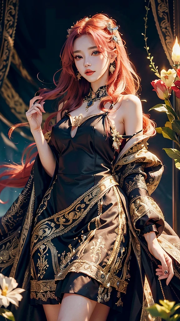 1girl, long hair, bright hair color, seductive eyes, mysterious expression, mature appearance, charming dress, flowing dress, elegant jewelry, intricate decoration, magic symbols, glowing accessories, potions, scrolls, cute accents, bows, ribbons, flowers,