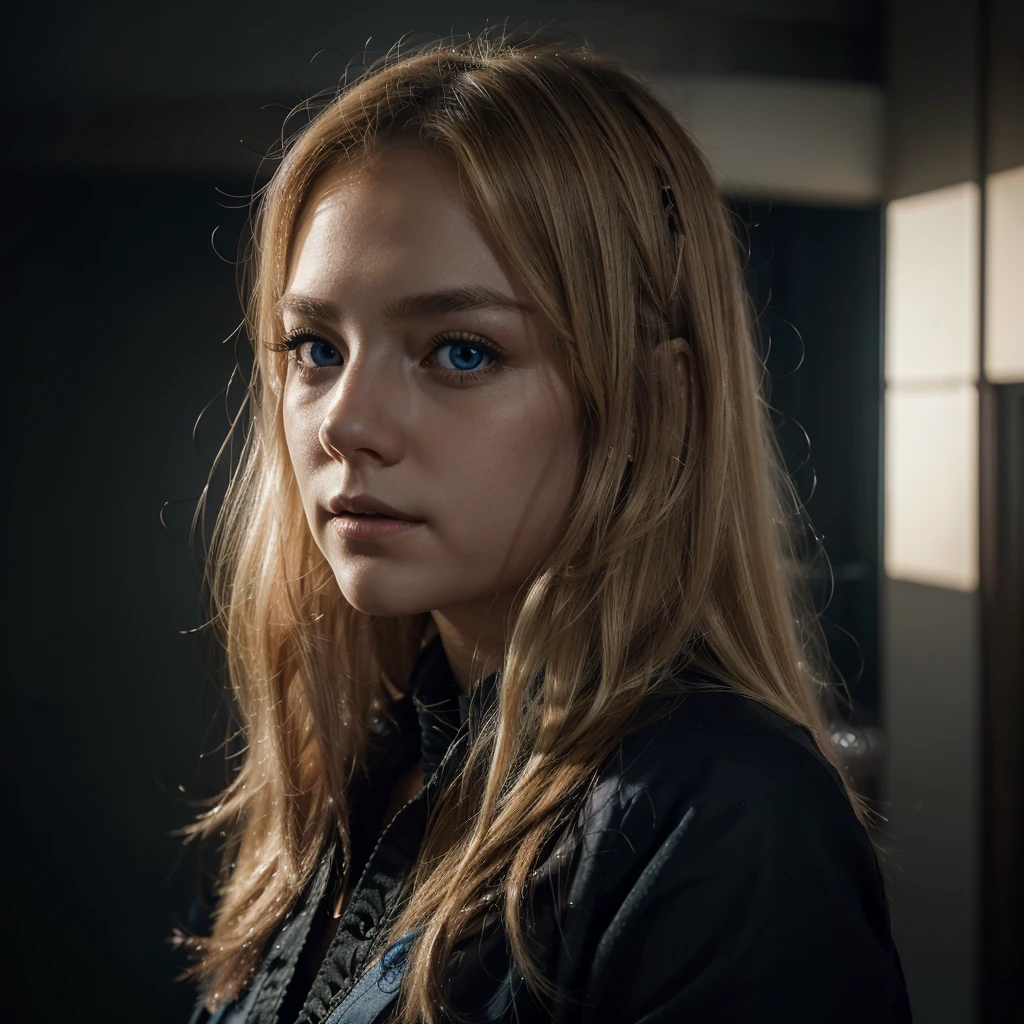 (Extremely detailed CG unity 8k wallpaper,masterpiece, best quality, Extremely detailed),(Optimal lighting, The best shadow, Extremely delicate and beautiful),floating,High Saturation,Blonde hair+blue eyes:1.2,Gloomy Gothic Landscape, Long hair, Staring into the distance. (A beautiful girl，with blond hair，闪闪发光的blue eyes哥特式灯光)