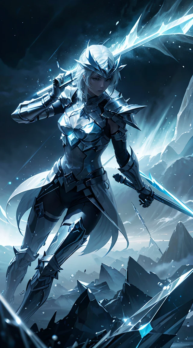Blue twin swords with an ice aura and ice background,HD lighting and dark )<=(epic image quality)dark atmosphere with bright particle light(many effects in background)