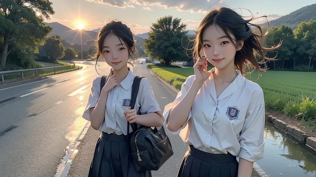 8K、RAW Photos、Highest quality、Super detailed、Super Resolution、Ultra HD、8K壁紙、Amazing details summer、evening、sunset、A rural road lined with rice fields、Paved roads、Woman walking on a country road、16 year old school girl in uniform、Drink water、School bag、Blue sky、Shining Sun、Water bottle、smile