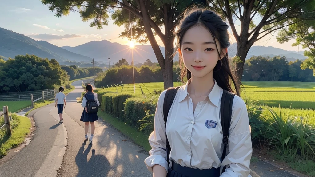 8K、RAW Photos、Highest quality、Super detailed、Super Resolution、Ultra HD、8K壁紙、Amazing details summer、evening、sunset、A rural road lined with rice fields、Paved roads、Woman walking on a country road、16 year old school girl in uniform、Drink water、School bag、Blue sky、Shining Sun、Water bottle、smile