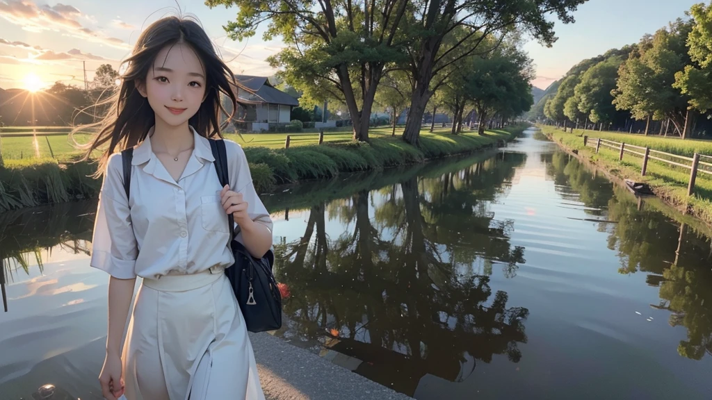 8K、RAW Photos、Highest quality、Super detailed、Super Resolution、Ultra HD、8K壁紙、Amazing details summer、evening、sunset、A rural road lined with rice fields、Paved roads、Woman walking on a country road、16 year old school girl in uniform、Drink water、School bag、Blue sky、Shining Sun、Water bottle、smile
