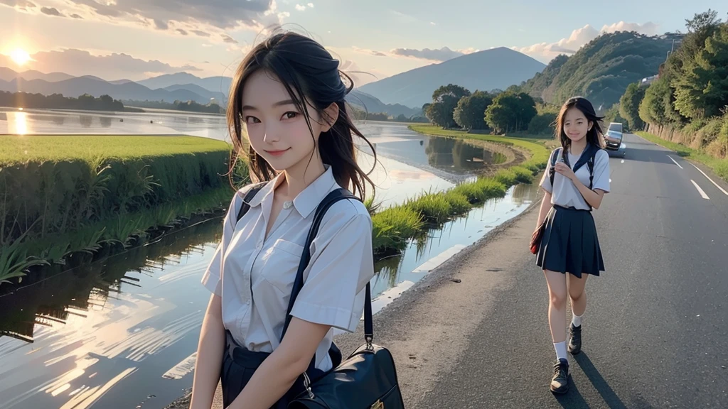8K、RAW Photos、Highest quality、Super detailed、Super Resolution、Ultra HD、8K壁紙、Amazing details summer、evening、sunset、A rural road lined with rice fields、Paved roads、Woman walking on a country road、16 year old school girl in uniform、Drink water、School bag、Blue sky、Shining Sun、Water bottle、smile
