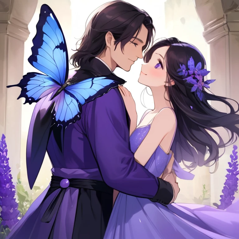 couple, blue castle, butterfly, kising, woman with black eyes, black long hair, lavender gown, man with white skin, short cut dark brown hair, blue eyes, smile, crysant purple flower
