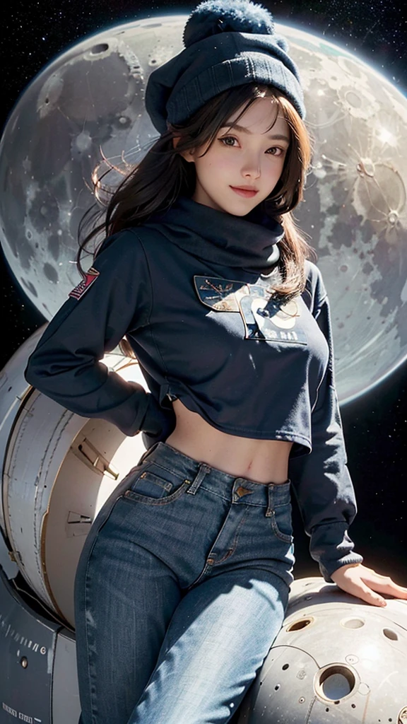 best quality, high resolution, distinct image, concept art, night sky, stars, moon, girl, smile, hair, eyes, mouth, hands, feet, clothing, jeans, t-shirt, scarf, hat, space, spaceship, spacesuit, astronaut, planet, galaxy, beautiful, cute, cozy, natural, dreamy, relaxed, sparkling, lovely