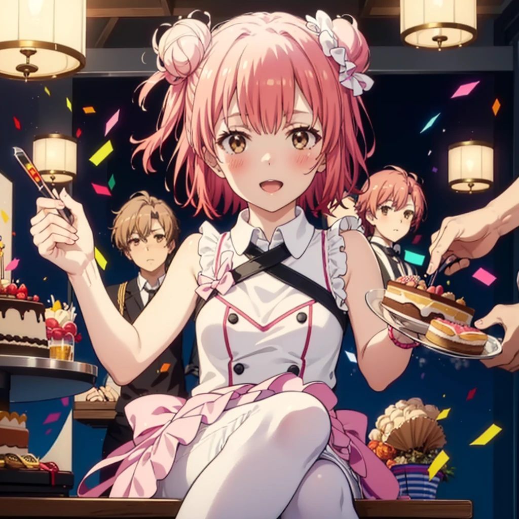 yuiyuigahama, yui yuigahama, short hair, (Brown eyes:1.5), (Pink Hair:1.2), Hair Bun, single Hair Bun, smile,blush,Open your mouth wide,Pink sleeveless dress,Long skirt,Stiletto heels,A birthday cake with lit candles,
,There is a round birthday cake on the desk.,Confetti,cracker,whole bodyがイラストに入るように,
break indoors, Venue,
break looking at viewer, whole body,
break (masterpiece:1.2), Highest quality, High resolution, unity 8k wallpaper, (figure:0.8), (Beautiful attention to detail:1.6), Highly detailed face, Perfect lighting, Highly detailed CG, (Perfect hands, Perfect Anatomy),