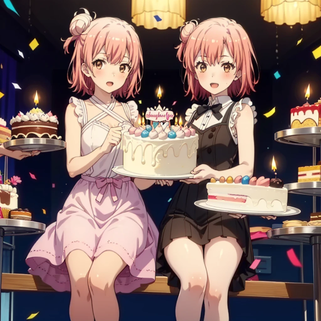yuiyuigahama, yui yuigahama, short hair, (Brown eyes:1.5), (Pink Hair:1.2), Hair Bun, single Hair Bun, smile,blush,Open your mouth wide,Pink sleeveless dress,Long skirt,Stiletto heels,A birthday cake with lit candles,
,There is a round birthday cake on the desk.,Confetti,cracker,whole bodyがイラストに入るように,
break indoors, Party Venue,
break looking at viewer, whole body,
break (masterpiece:1.2), Highest quality, High resolution, unity 8k wallpaper, (figure:0.8), (Beautiful attention to detail:1.6), Highly detailed face, Perfect lighting, Highly detailed CG, (Perfect hands, Perfect Anatomy),