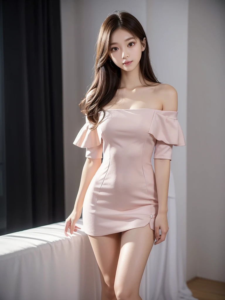 Bright room、Off-the-shoulder dress、Standing posture、(Highest quality)), (Very detailed), ((Very detailed)), 4K, (8K), Highest quality, One person,Kind Face、Soft Light、RAW quality、Soft Skin、Heel、Thighs、163cm
