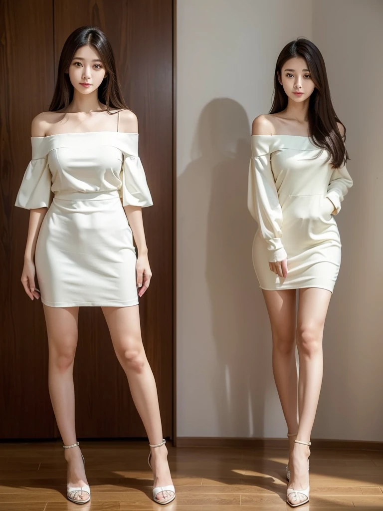 Bright room、Off-the-shoulder dress、Standing posture、(Highest quality)), (Very detailed), ((Very detailed)), 4K, (8K), Highest quality, One person,Kind Face、Soft Light、RAW quality、Soft Skin、Heel、Thighs、163cm