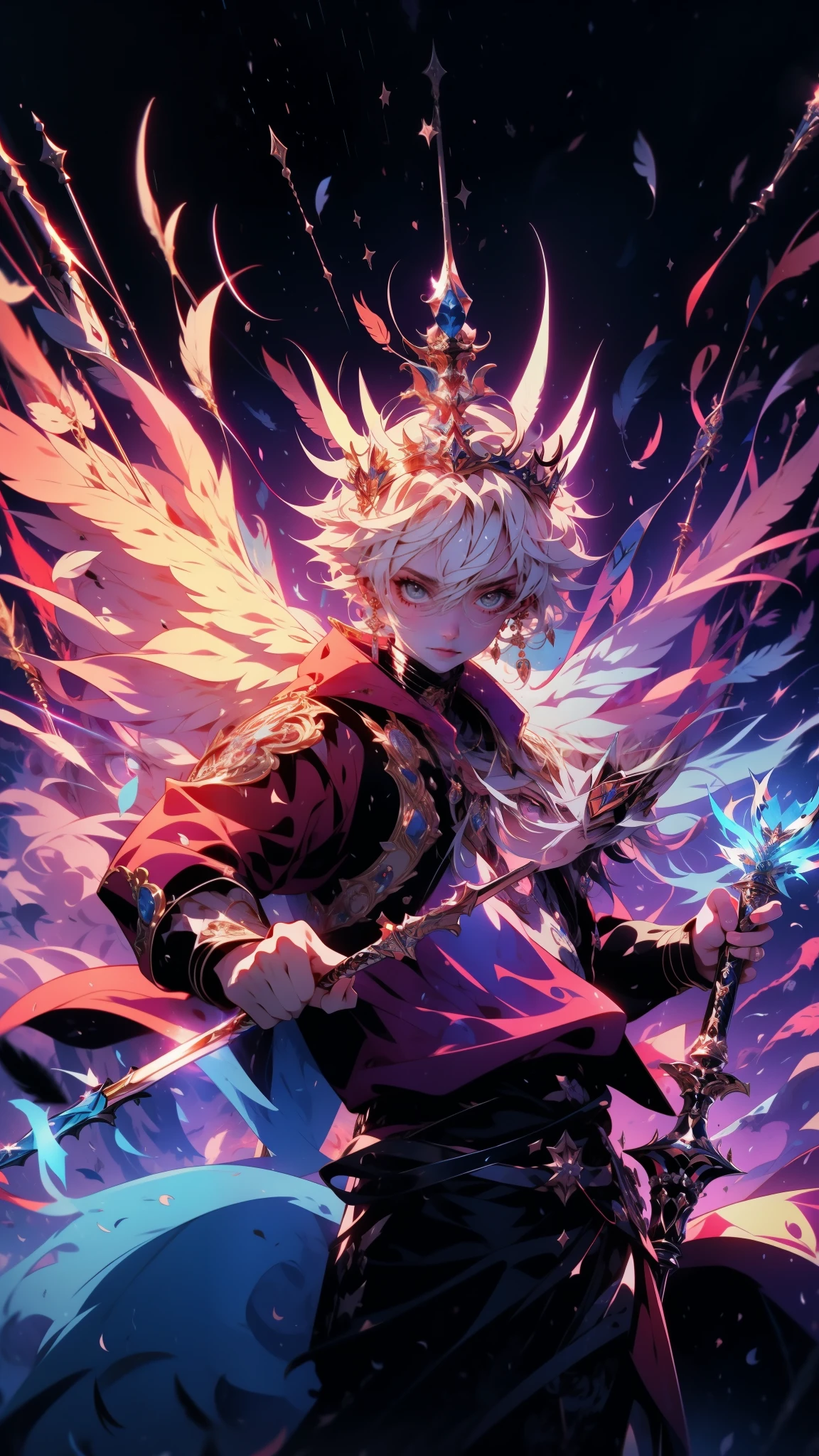 An abstract portrayal of a teenage king in action movie stance, half-length shot with a crown of light, ((holding a scepter ending in feather-shaped flames)), commanding the elements around him. Modifiers: elemental chaos, vibrant aura, commanding presence, abasterpiece)), ((best quality)), ultra detailed,((illustration)), dynamic angle, detailed light, (delicate eyes), (ahoge:0.8),apathy, ray,frontage,style of anime4 k, 4k anime wallpaper, badass anime 8 k, 4 k comic wallpaper