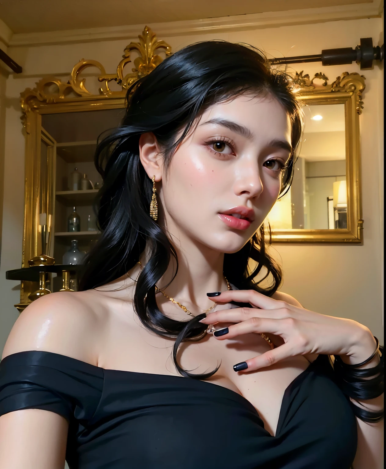 There is a woman with long black hair and a necklace.., Black hair and big eyes, beautiful latin face, 18 years, pale skinned persian girl, thick lips, Violet Myers, Looks like Fabiula Nascimento, Profile picture, lord, Women with long black hair, 16 years, wavy black hair, olive skin