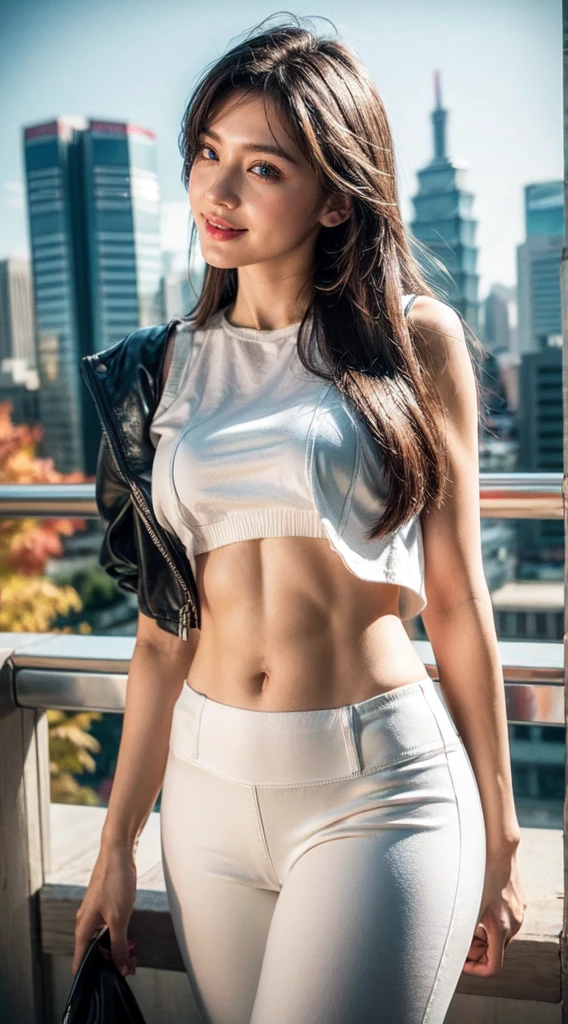 Otherworldly Beauty1.2), laugh at, 25 years old, Kawaii face, The most beautiful smile, Photos of fashion magazines, masterpiece, Top quality, Award-winning works, ((high resolution)), ((Extremely detailed CG unity 8k wallpaper)), Very good skin, (Beautiful long hair), Perfect body lines, Slim, White mini ultra-short tight leather cutie, Expose half of the lower edge of the chest,Bare belly,,Vest line,Abdominal muscles ,Tight white leather pants,Big ,thin waist,Elegant and stylish atmosphere, Charming and seductive, Sexy Girls, Standing with city skyline in the background,Taipei 101 building in autumn light