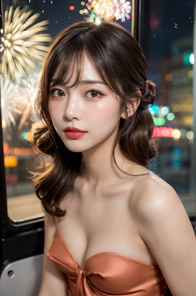 (masterpiece:1.3), high resolution, ultra detailed, extremely detailed CG unity 8k wallpaper, realistic, photo-realistic, RAW photo, beautiful detailed face, pale skin, realistic glistening skin, detailed cloth texture, detailed hair texture, Perfect body, Beautiful Face, accurate, Anatomically correct, Highly detailed face and skin texture, natural neck length, (beautiful hands), (fair skin:1.1), (well-aligned teeth:1.1), (Sweaty skin:1.2),
BREAK,
Detailed eyes, symmetric eyes, Light Brown eyes, Double eyelids, Thin eyebrows, (Glossy lips:1.4), ((A face with waiting for a kiss:1.2)), (blush:1.1), (A sparkling small hair accessory:1.1),
BREAK,
(A classy and Cute woman1.3), (nude, nsfw, nipple:1.4),
BREAK,
medium large breasts, slender figure, firm abs,
((updo hairstyle, Dark blonde hair, wavy hair, long hair, asymmetric bangs:1.2)), (Close up shot:1.2), (looking at viewer), From above,
BREAK,
((Sitting side by side on the backseat of a flying helicopter)), (((A view of countless fireworks outside the window at Night:1.3))),