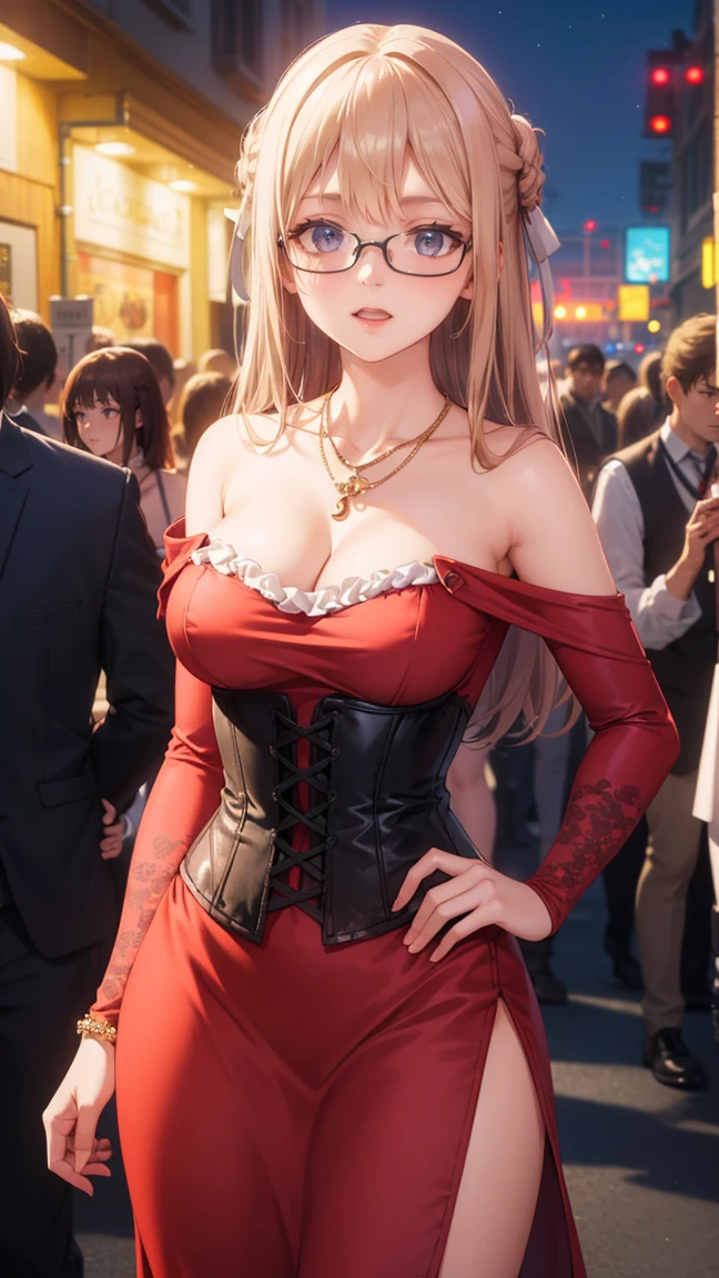 1girl, natural lighting, masterpiece, highly detailed, illustration, game CG, absurdres, high quality, beautiful detailed eyes, glossy lips, natural lighting, medium breasts, klaudia valentz, collarbone, cleavage, corset, red dress, light smile, night, neon lights, red carpet, crowd, jewelry, necklace, blush, side slit, glasses