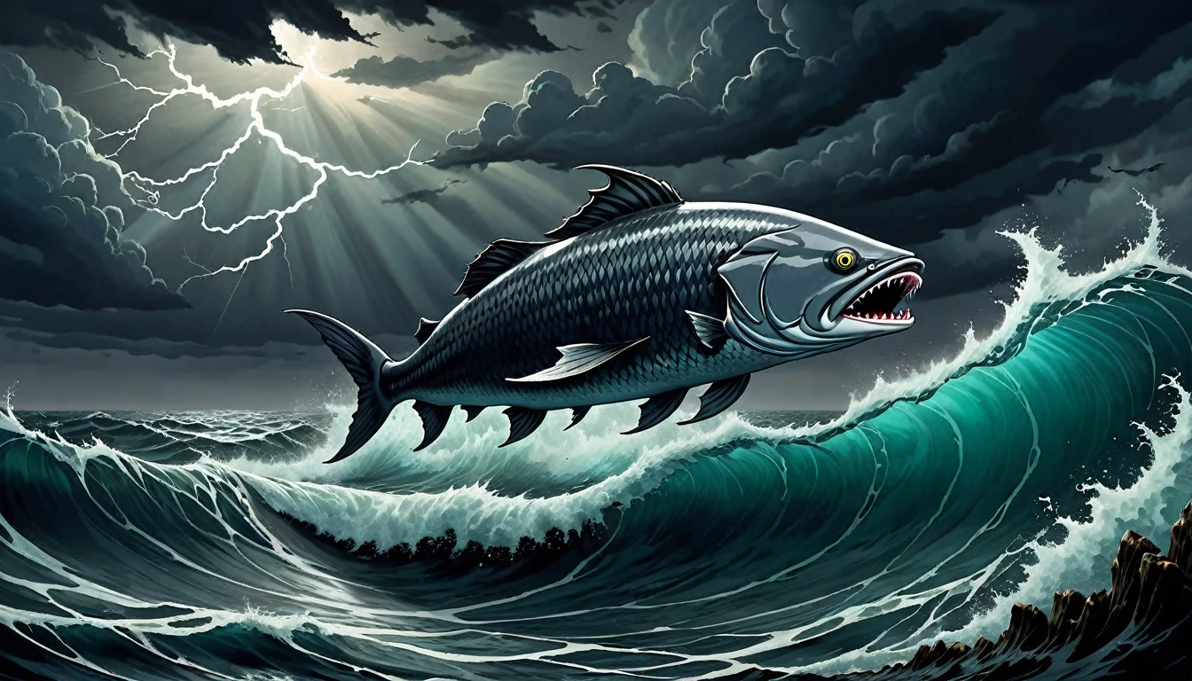 Setting: The vast, stormy ocean under a darkened sky, with towering waves and turbulent waters.
Subject: A giant, ominous fish emerging from the depths with its mouth open, ready to swallow Jonah. Jonah, depicted as a small figure, is seen clinging to a piece of debris, looking up in terror. The fish should have subtle, Dagon-like features, hinting at the half-fish, half-human deity.
Atmosphere: Dramatic and intense, with dark clouds and lightning creating a sense of chaos and impending doom, emphasizing the severity of Jonah’s situation.