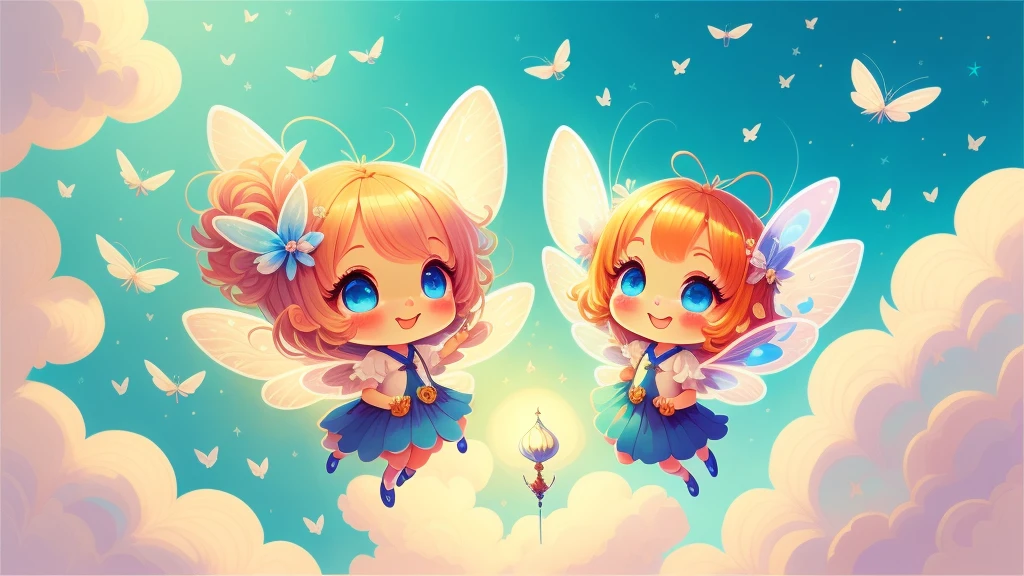 Cutes, light colors hair, blue eyes, gossamer,illustration, A masterpiece in bright light, stunning art! The art of magic, fairy tale artwork, inspiring art, exquisite artwork high quality、masterpiece、Sparkling fairies、smile、flight、cloud、fly in the sky、Flying 10 meters above a beautiful spring、sky diving