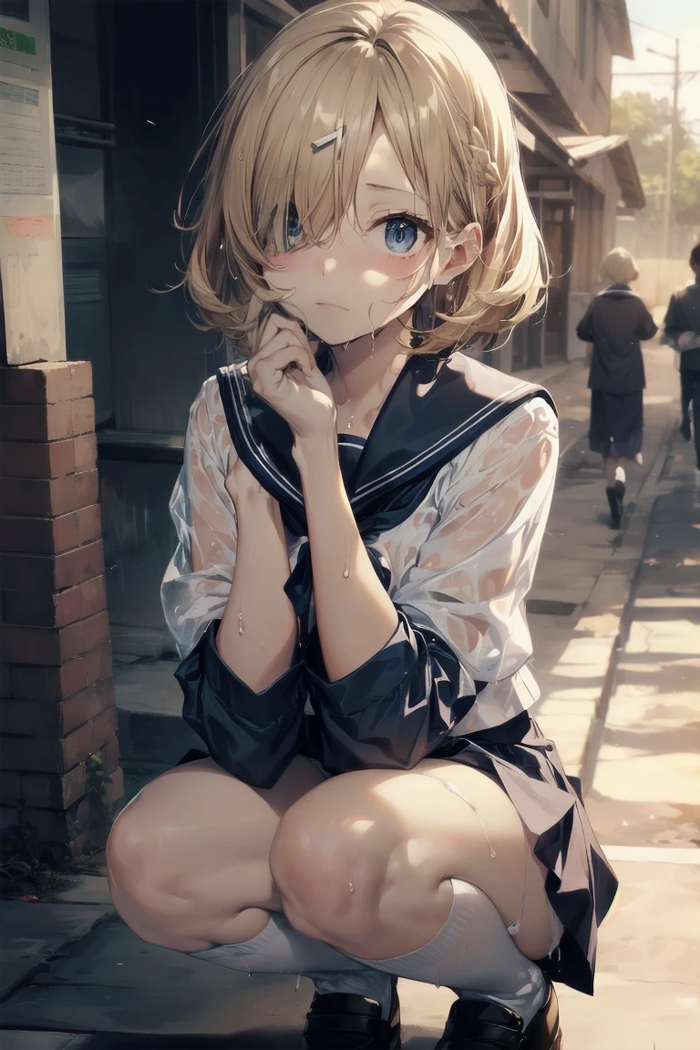Heavy rain，stormy atmosphere，outdoors，highest quality, anime moe art style,Best Anime 8K Kona-chan Wallpaper，Pixiv contest winners，perfect anatomy, (Please draw a girl walking sleepily to school)，break, 1 girl, (13 years old:1.4)，high school student, (short hair), amount, (hair above one eye:1.9)，All limbs, full finger，medium breasts, between legs, small eyes，Precise blue eyes，hair clip, (sailor suit:1.5)，(school uniform:1.5) ，(wet clothes)，skirt，On the way to school，break，Super detailed,High resolution，super dense skin，professional lighting，8K eye details，(cute illustration:1.2)，blonde hair，(wet hair:1.4)，(bra visible through clothes)，No expression，(hair above one eye:1.2)，(Bawl)，(Embarrassed)，(steepled fingers)，(squatting)