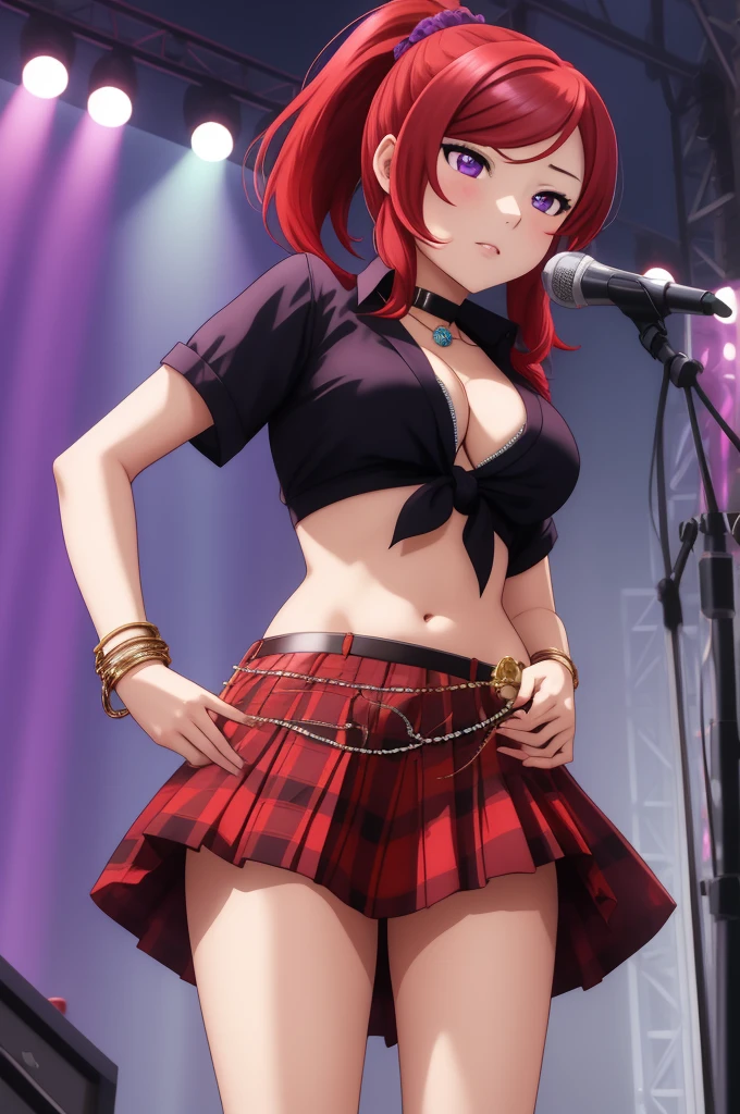 masterpiece, best quality, (1girl:1.000), (bracelet:1.000), (jewelry:0.998), (nishikino maki), (tied shirt:0.993), (red hair:0.987), (purple eyes:0.976), (navel:0.964), (plaid skirt:0.964), (front-tie shirt:0.961), cleavage ,(solo:0.953), (bangle:0.938), (choker:0.929), (ponytail:0.897), (skirt:0.895), (scrunchie:0.875), standing, (breasts:0.778), (midriff:0.672), (school uniform:0.618), (blush:0.617), (hair ornament:0.542), (white shirt:0.537), (simple background:0.517), (black choker:0.505), hand on hip, abs