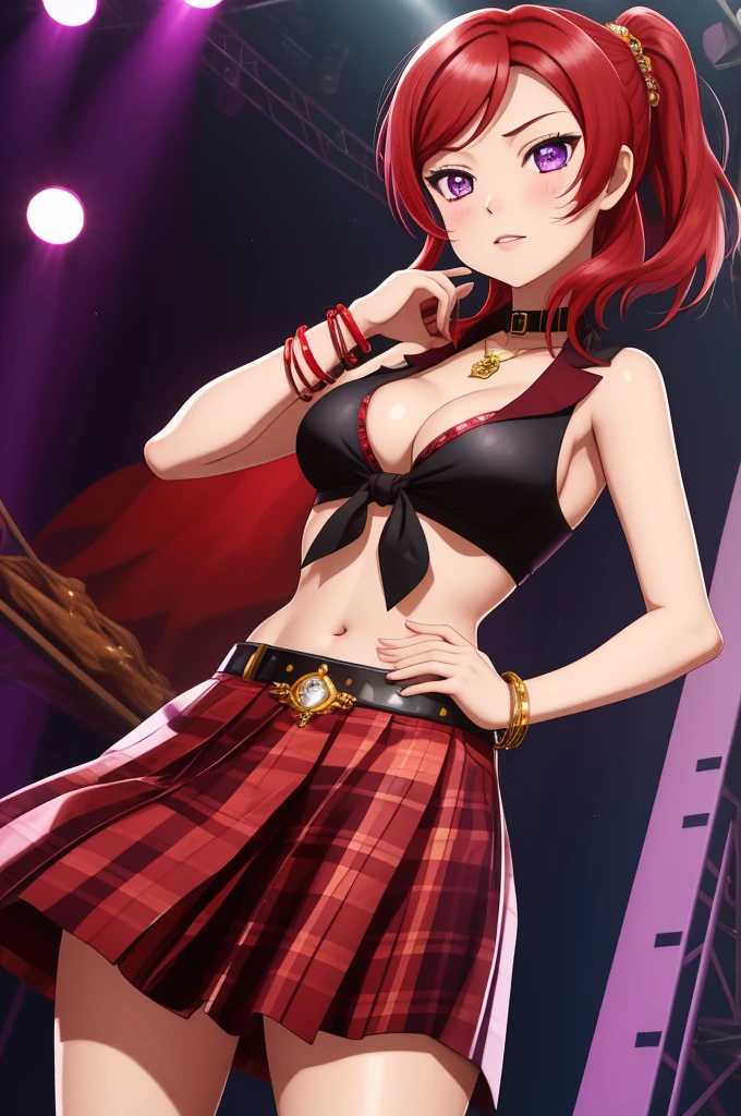 masterpiece, best quality, (1girl:1.000), (bracelet:1.000), (jewelry:0.998), (nishikino maki), (tied shirt:0.993), (red hair:0.987), (purple eyes:0.976), (navel:0.964), (plaid skirt:0.964), (front-tie shirt:0.961), cleavage ,(solo:0.953), (bangle:0.938), (choker:0.929), (ponytail:0.897), (skirt:0.895), (scrunchie:0.875), standing, (breasts:0.778), (midriff:0.672), (school uniform:0.618), (blush:0.617), (hair ornament:0.542), (white shirt:0.537), (simple background:0.517), (black choker:0.505), hand on hip, abs