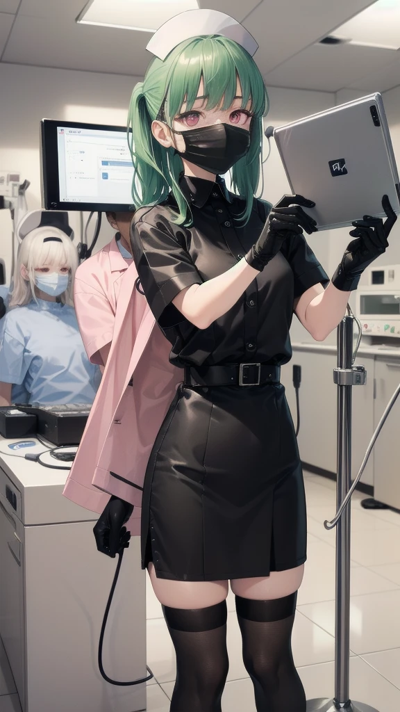black nurse, 1 girl, alone, black nurse cap, Black Wear, ((black legwear, zettai ryouiki)), black elbow gloves, ponytail, green hair, pink eyes, ((Black surgical mask, Covered nose)), Are standing, ((operating room)), sharp outline, short sleeve, highest quality, masterpiece