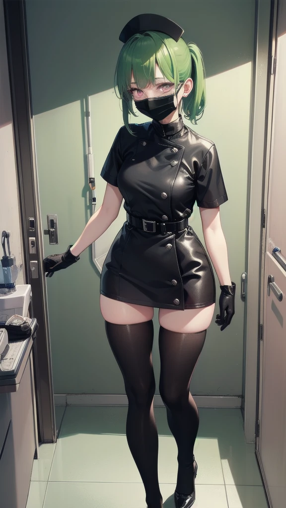 black nurse, 1 girl, alone, black nurse cap, Black Wear, ((black legwear, zettai ryouiki)), black elbow gloves, ponytail, green hair, pink eyes, ((Black surgical mask, Covered nose)), Are standing, ((operating room)), sharp outline, short sleeve, highest quality, masterpiece